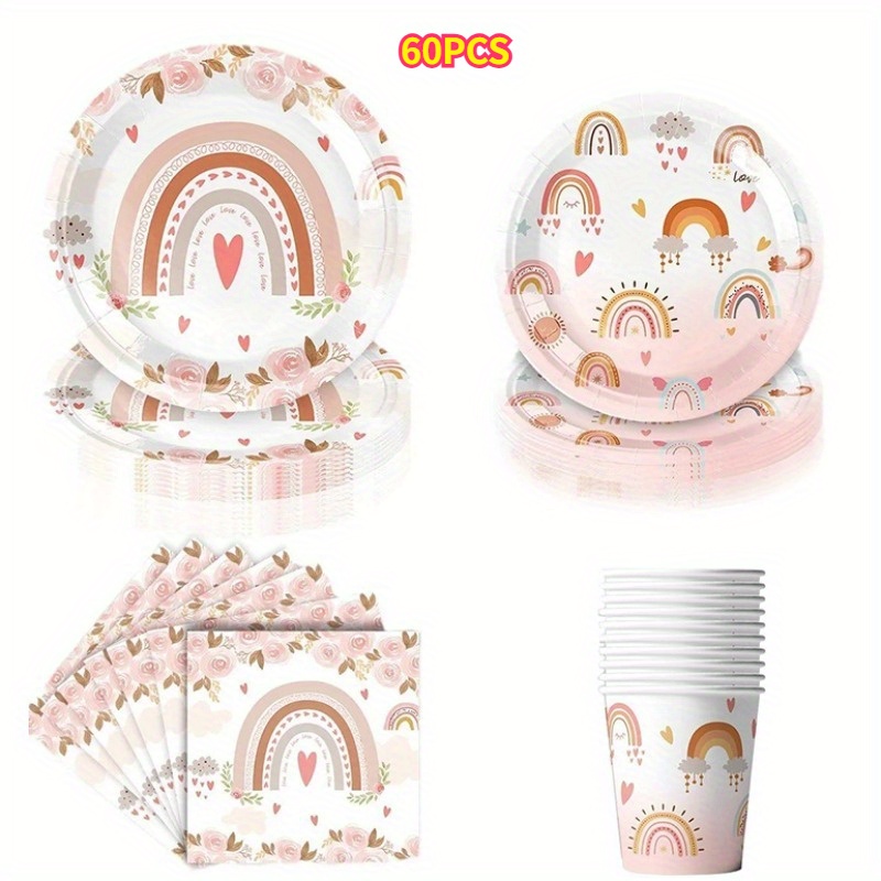 Image of Set Of 60pcs Of Bohemian Rainbow-themed Tableware For Birthday Celebrations, Including Disposable Plates, Napkins, And Cups, Perfect For Party Decorations I Perfect For Halloween