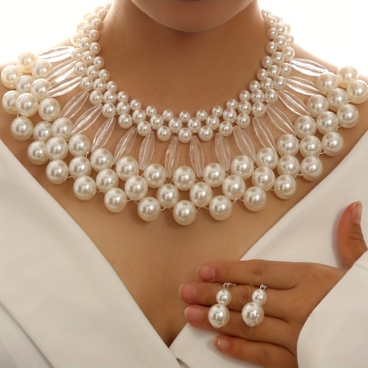 

-chic Luxury Pearls Tassel Necklace & Earrings Set - Handcrafted, Bridal Jewelry For Weddings And Gifts