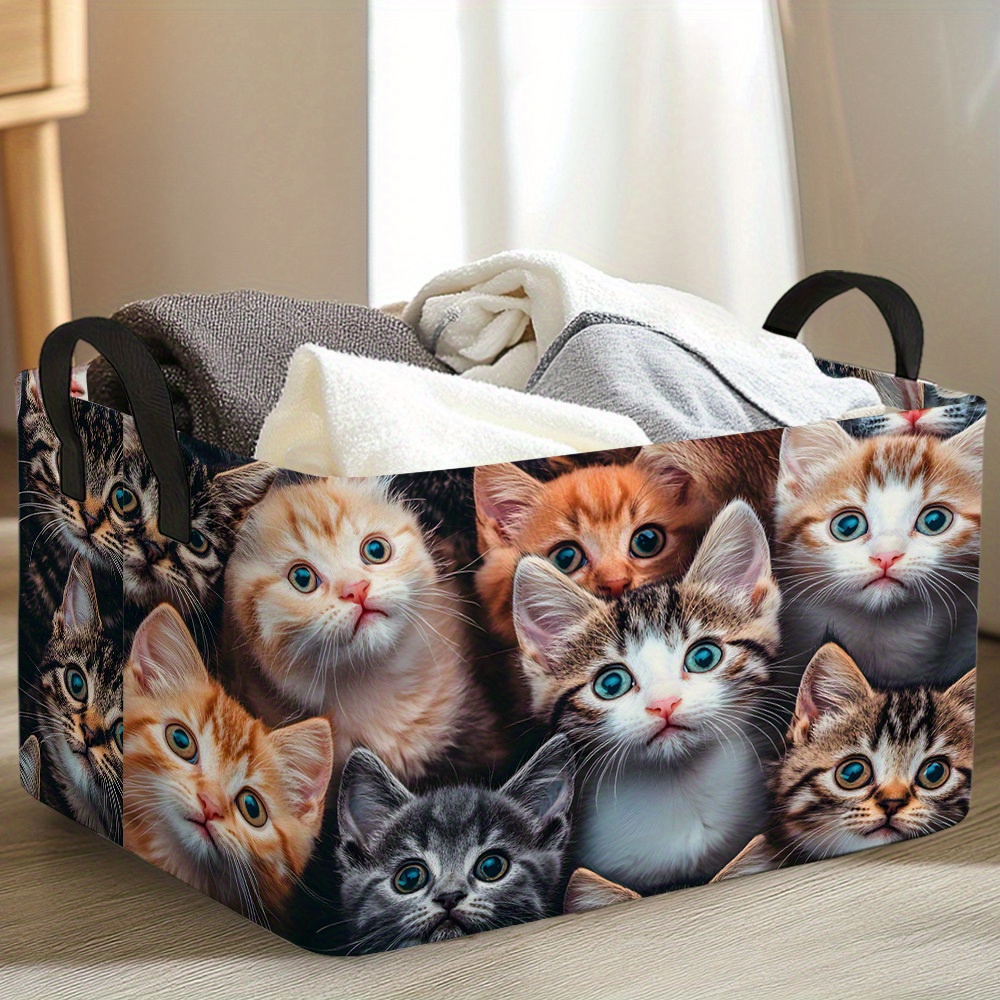 TEMU Un cesto de almacenamiento grande y plegable con un diseño de gato lindo. Esta de almacenamiento espaciosa es un organizador rectangular de tela