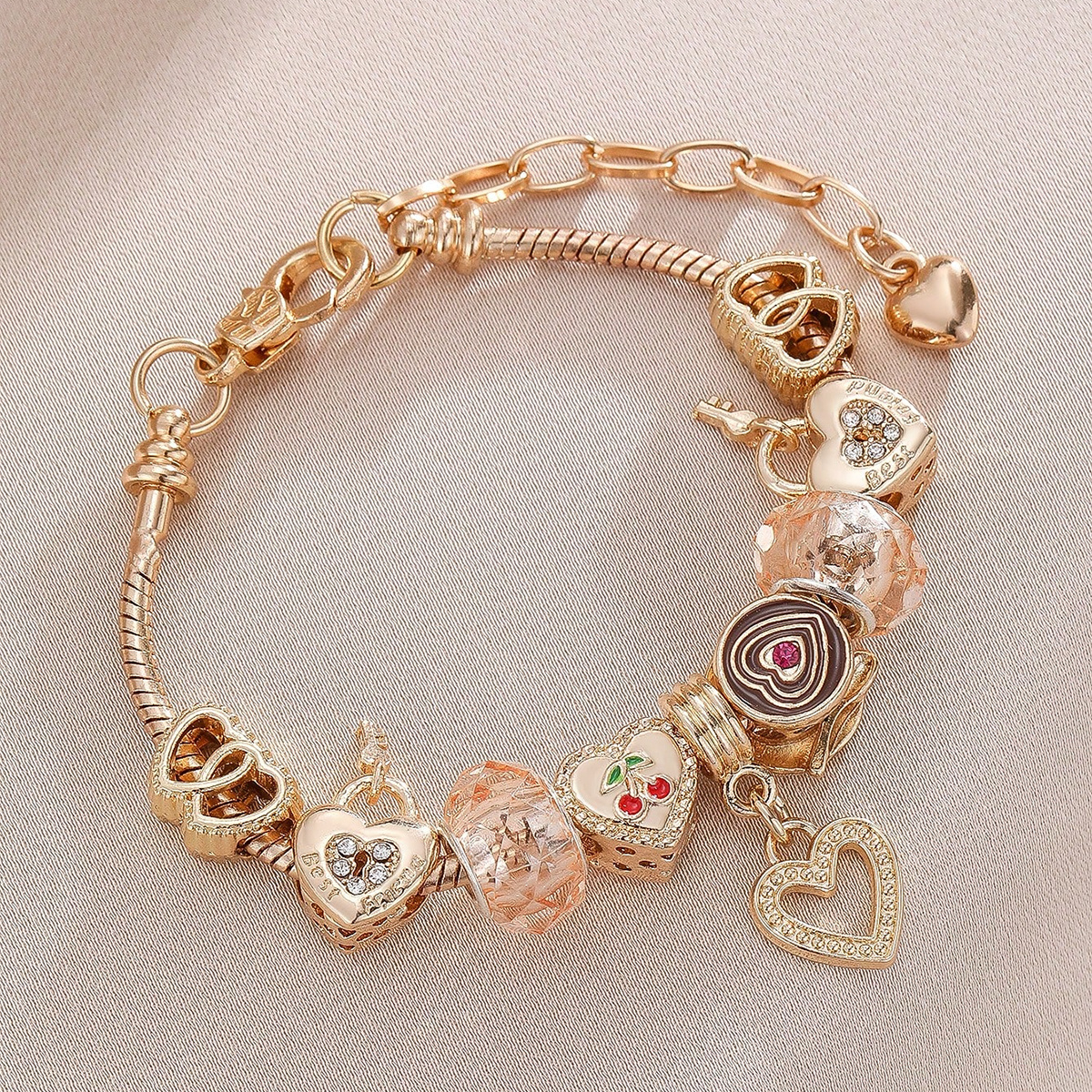 TEMU 1pc Craft Fashion, Valentine's Day, Multi Color Love Rhinestone Coffee Cup Peach Heart Cherry Bead Pendant Diy Snake Bone Chain Making Bracelet