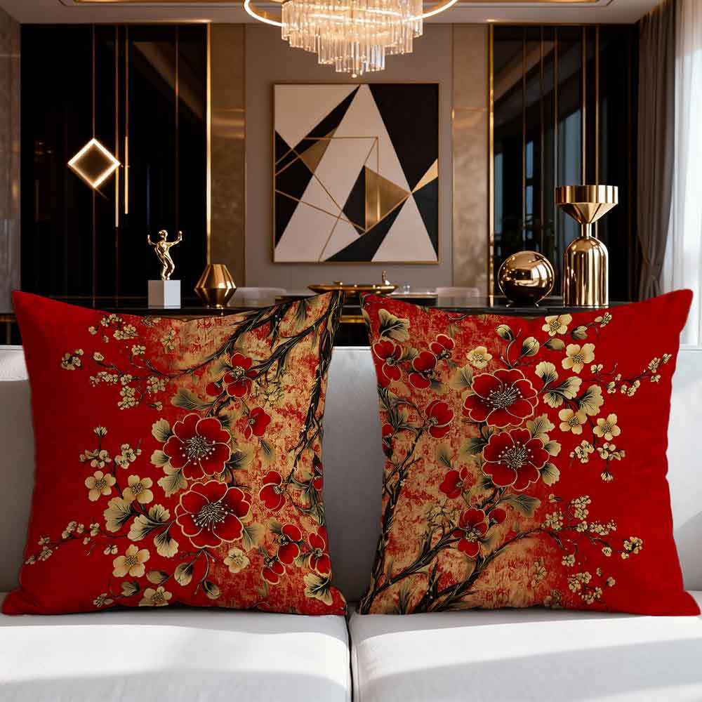 TEMU 2pcs Pack Floral Cushion Covers Suitable For Chinese New Year Home Decor - Contemporary Printed Zippered Cases With Flower Patterns, Machine