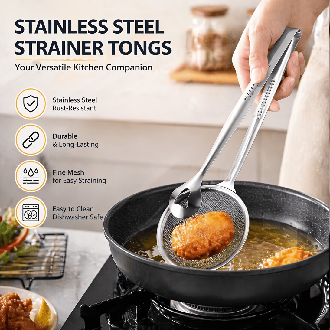 TEMU 1pc Frying And Oil Filtering Clip, Oil Skimming Spoon, Oil Draining Food Clip, Kitchen Colander, Stainless Steel Fried Food Oil Skimming Spoon,
