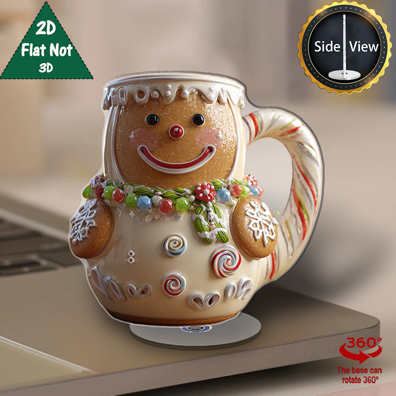 2D Flat, 1pc Rotating Gingerbread for Man Mug & Desktop Decor - 360&deg; Spinning Acrylic Cookie Character Cup with Icing Details, No Assembly, for Christmas & Year-Round Use, Candy Stick Handle - Ideal for Home, Office, or as a Gift (Compatible with, 2D