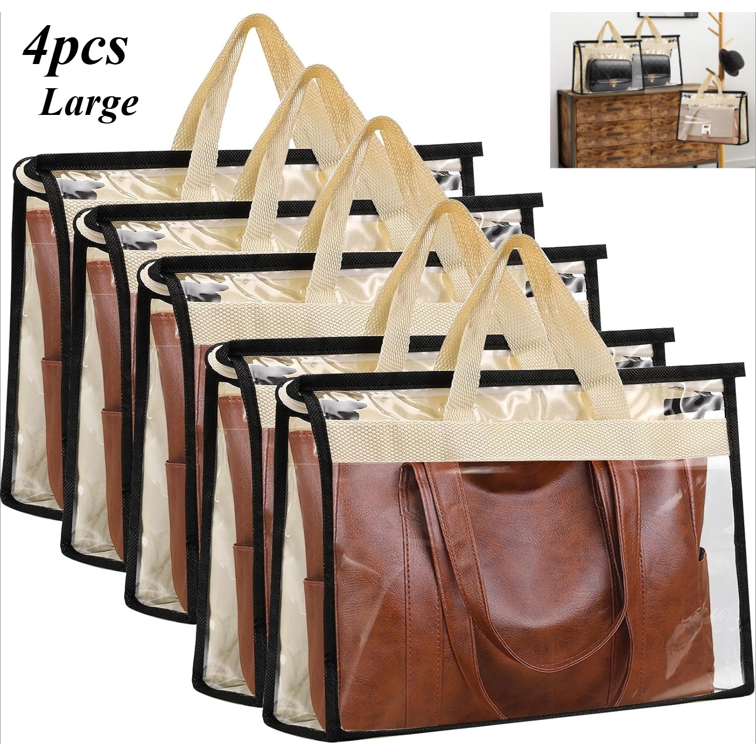 TEMU 4pcs Dust Bags For Handbags, Purse Dust Bags With Zipper And Handle, Clear Purse Storage Bag, Hanging Handbags Cover For Closet Hanging Storage