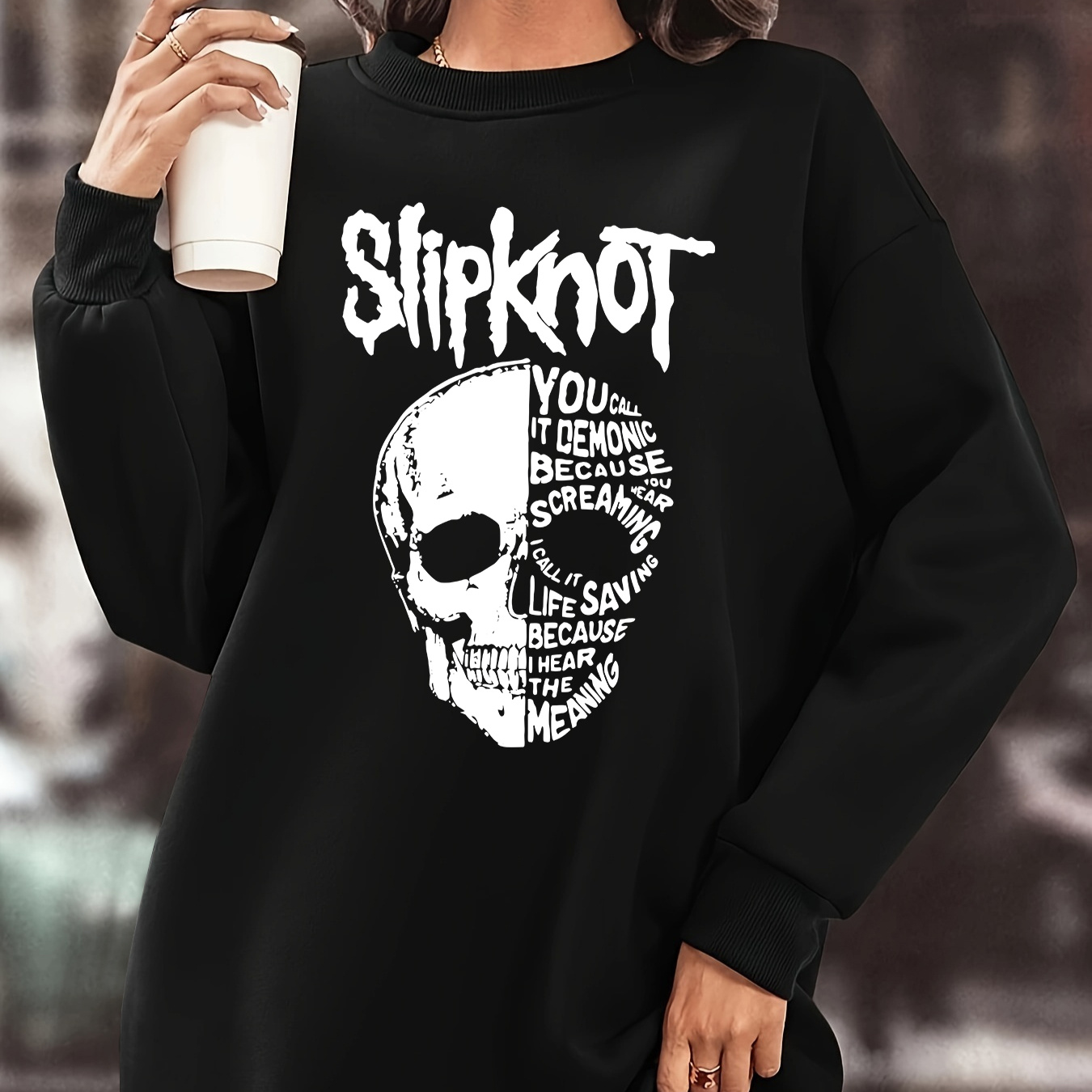 

Cozy Fleece-lined Skull & Letter Print Dress - Long Sleeve, Crew Neck, Knee-length For Women | Elegant Fall/