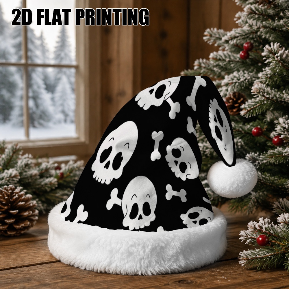 TEMU Impression plate 2D 1pc Fibre de polyester Halloween Crâne et os Motif Chapeau de Noël pour fête à thème de Noël, Décoration d'Halloween, Nouvel