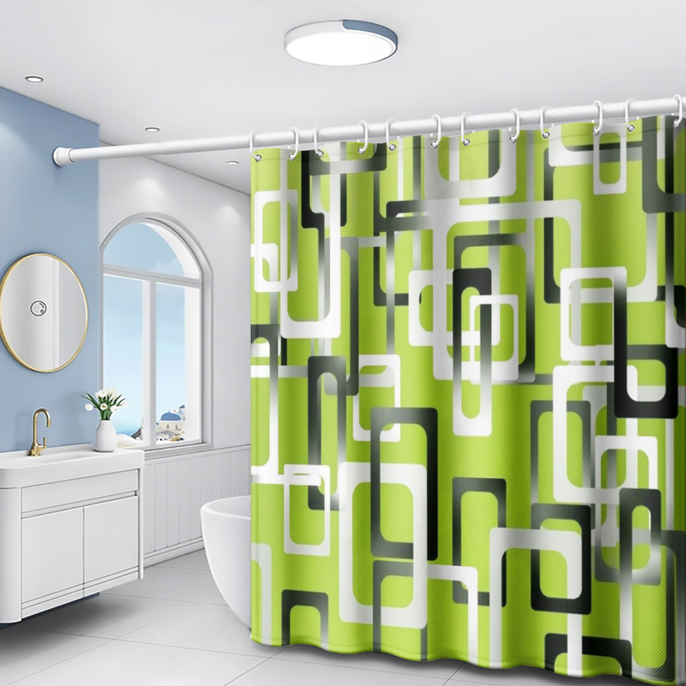 TEMU 1pc Green Geometric Square Modern Minimalist Printed Shower Curtain, Style Bathroom Home Decor With Plastic Hooks Suitable For Machine Washable