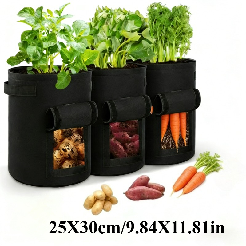 E-shop Drei robuste Kartoffelbeutel aus Vliesstoff mit Griffen, mit einem Design mit sichtbarem Fenster. Der atmungsaktive Vliesstoff ermöglicht es den