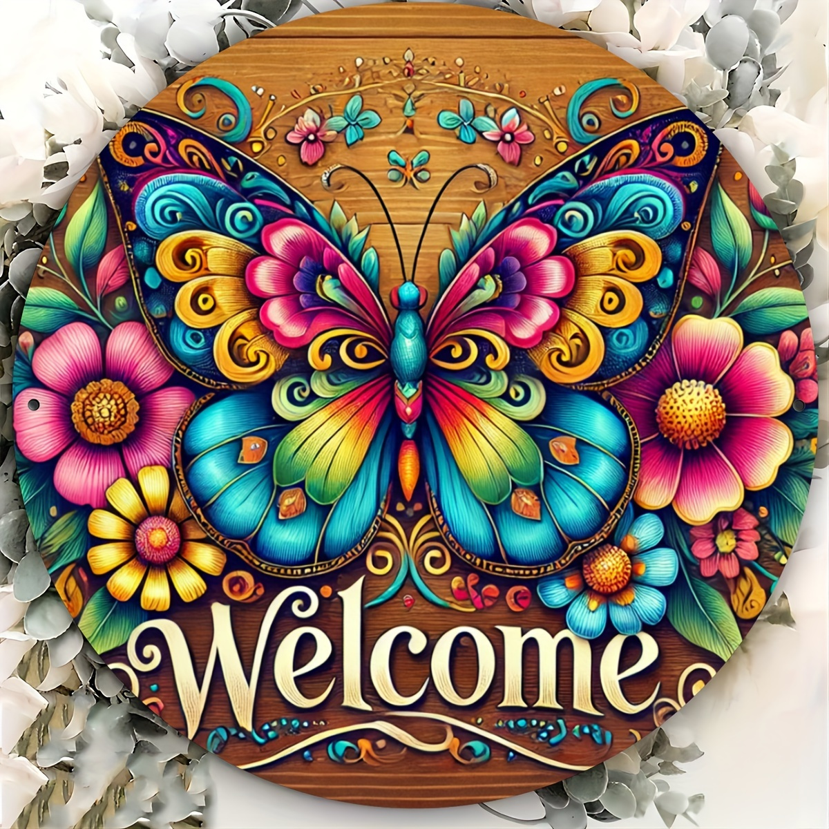 TEMU 2d Flat, 2d Flat Rustic Aluminum Welcome Sign Plaque With Colorful And 1pc Round Aluminum Door Mount Sign For Farmhouse Decor Multipurpose No