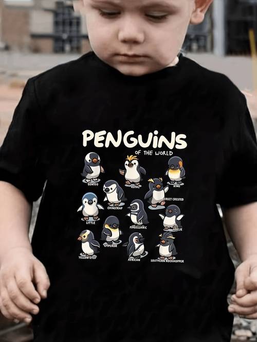 Boys Casual T-shirt| World Penguin Pattern T-Shirt| Polyester| Round Neck| Machine Washable and Safe for Dry Cleaning| Cartoon Penguin Print| Spring/