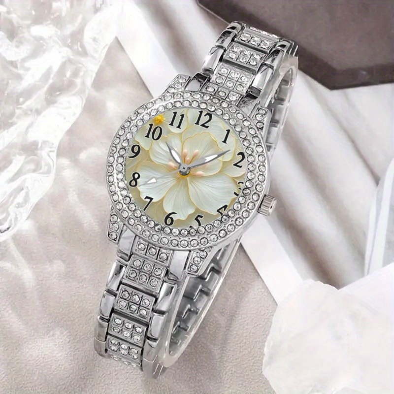 1pc Women's -the-dark Quartz Watch With Elegant White Floral Dial & Stainless Steel/shockproof Band - Round Wristwatch Suitable For Birthdays, Parties, Casual Attire - Ideal Gift For Ladies, Students