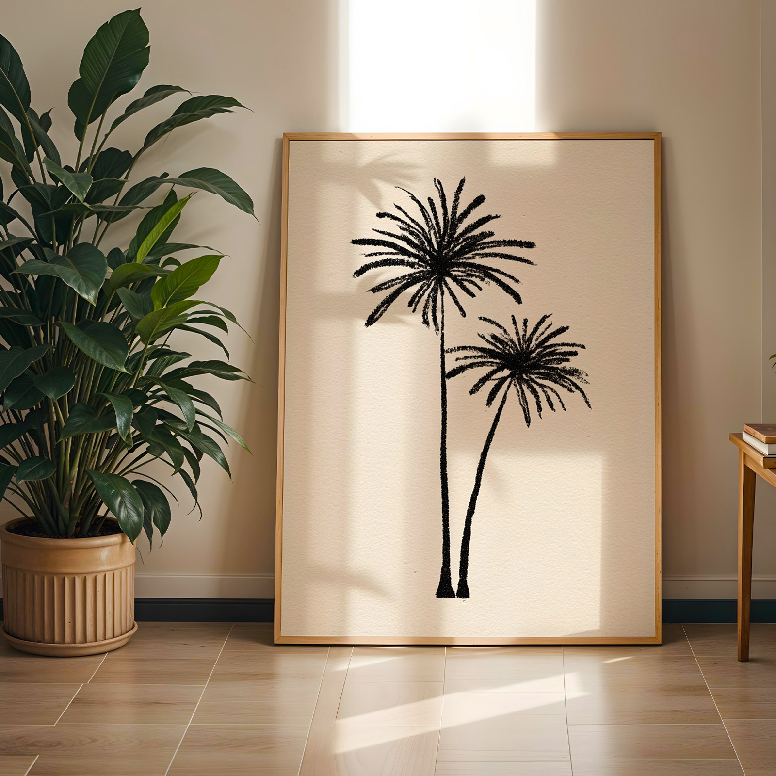 TEMU 2D-Flach, ., Wandkunst, Vintage-Poster, Palmen-Kunstdruck, botanisches Tuschegemälde, minimalistische tropische Pflanzenkunst, Strichzeichnung,