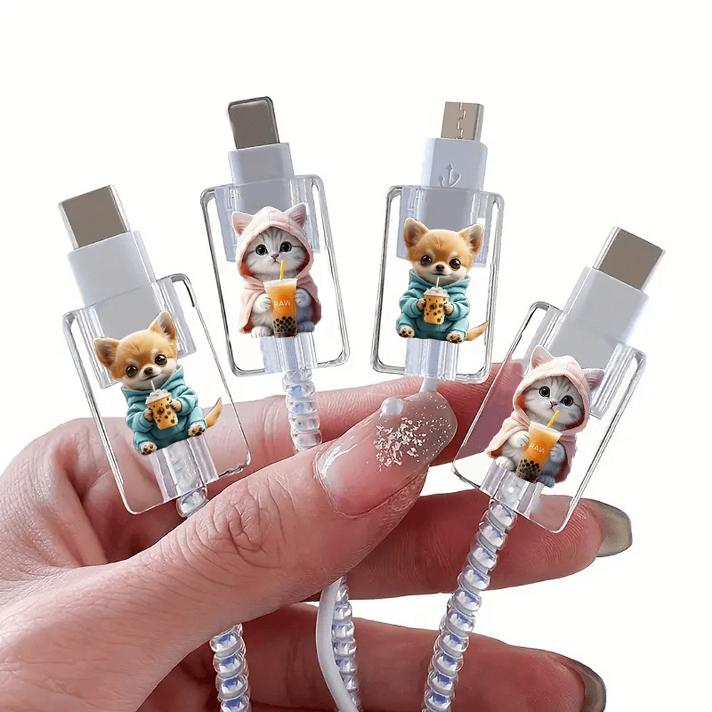 TEMU Paquete de 4 protectores de cable con estampado de gatitos y cachorros, anti-rotura, para Apple 18W/20W para protectores de cable tipo C,