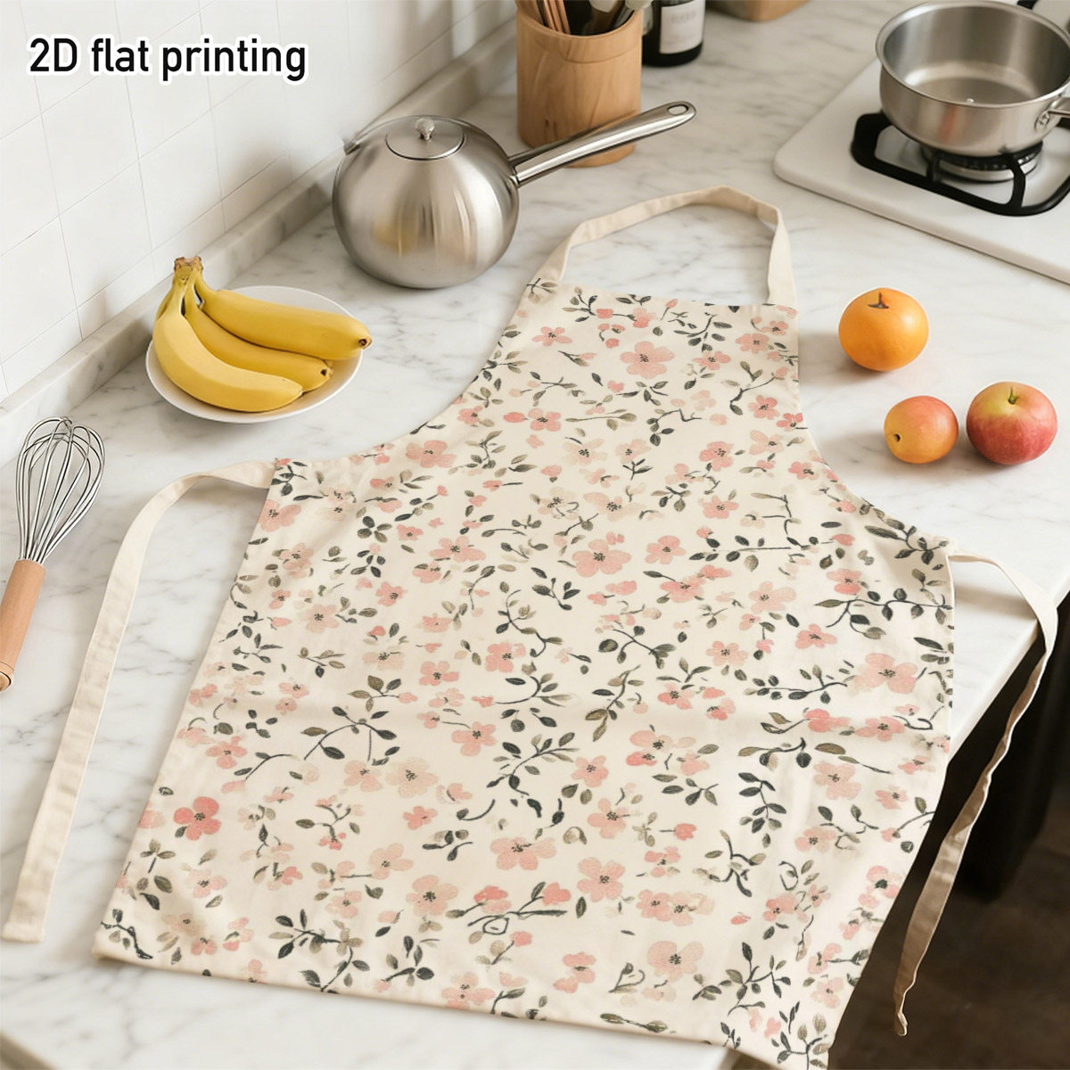 TEMU 1pc 2d Flat Tiny Flowers Cooking Apron, Dainty Pink Blossoms And Green Leaves, Perfect For Home Baking, Kitchen Cooking, Tea Party Gatherings,