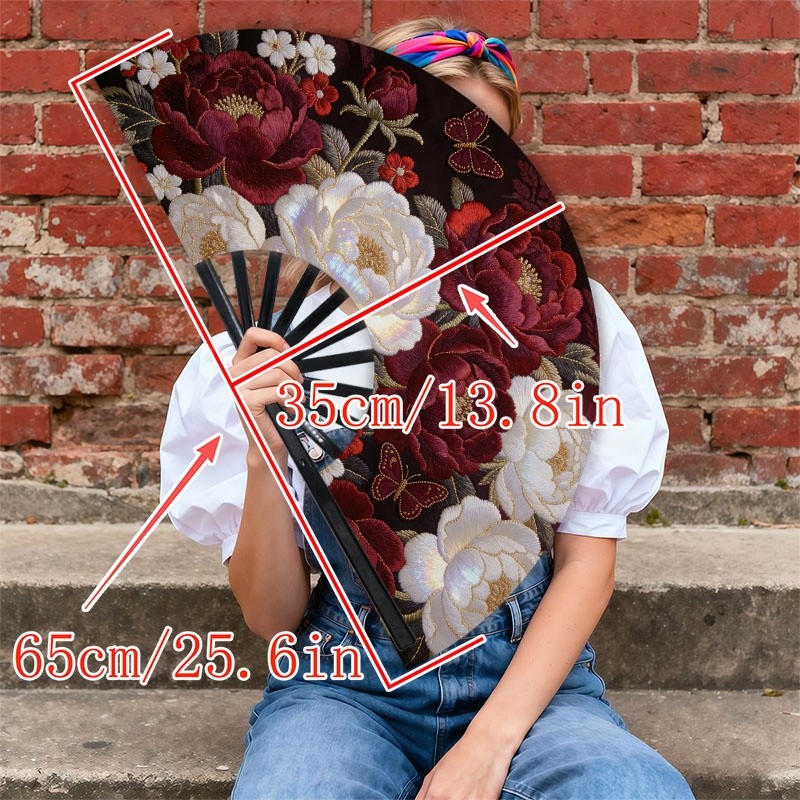 TEMU 1pc Men's Handheld Fan With Ornate Embroidery - Dark Red With Floral & Design, Portable Cooling Fan Suitable For Daily Use, Outdoor, Travel & - Elegant Cooling Fan For Hot Weather