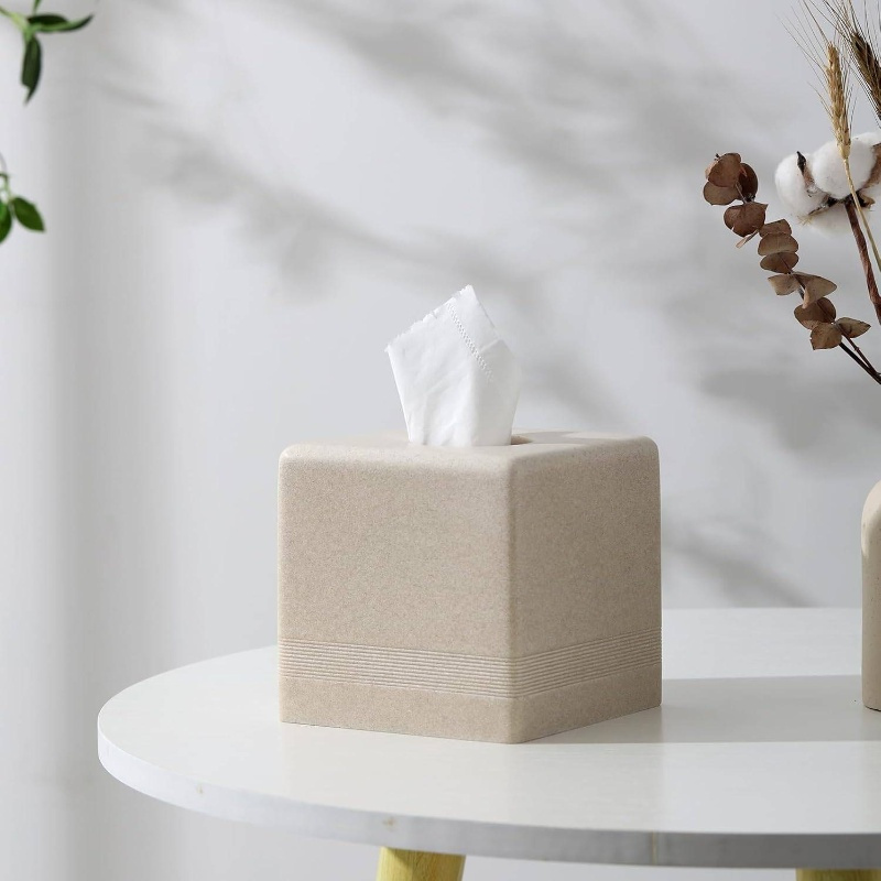   resin tissue box cover & dispenser - beige with white trim, durable rectangular holder with rounded corners, space-saving design for bathroom, kitchen, living room, office - decorative toilet paper storage in beige,, brown, gray tones - easy to clean & scratch-resistant, tissue holder bathroom Product details 4