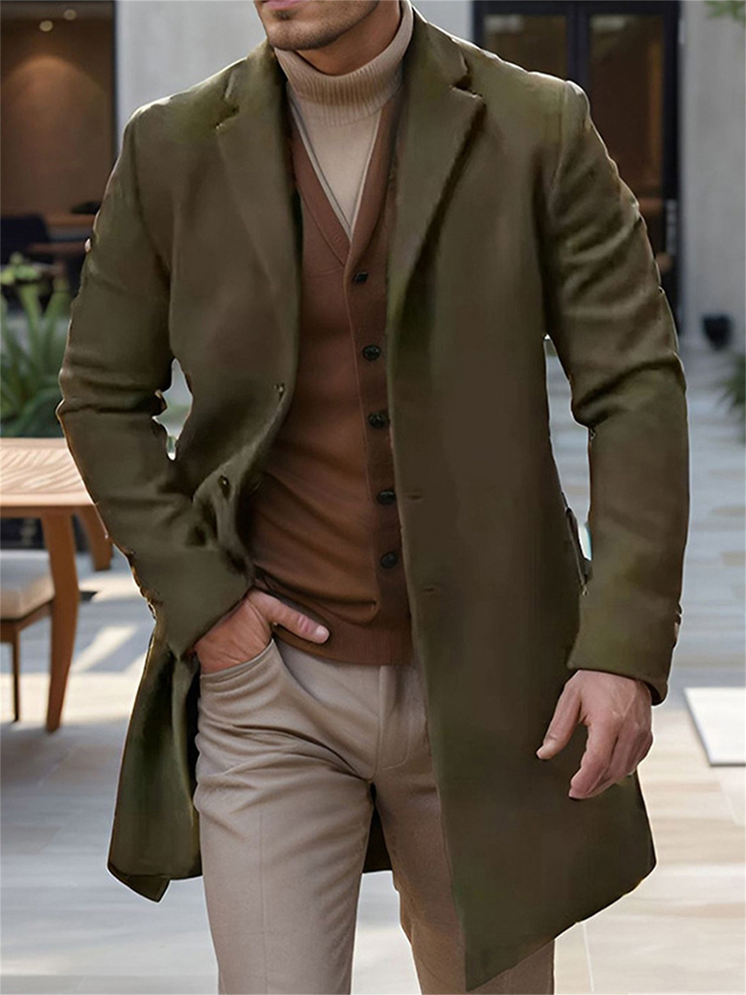 Men'S Winter Trench Coats Single Breasted Mid-Length Solid Stylish Warm Wool Blend Overcoats