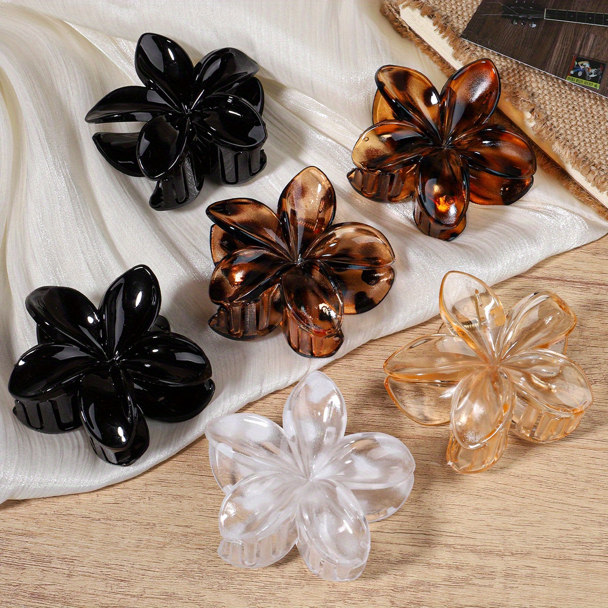 

6pcs Plastic Hair Claw Clips - Large Size, Elegant Ponytail Flower Hair Accessories With Leopard Print And Solid Colors