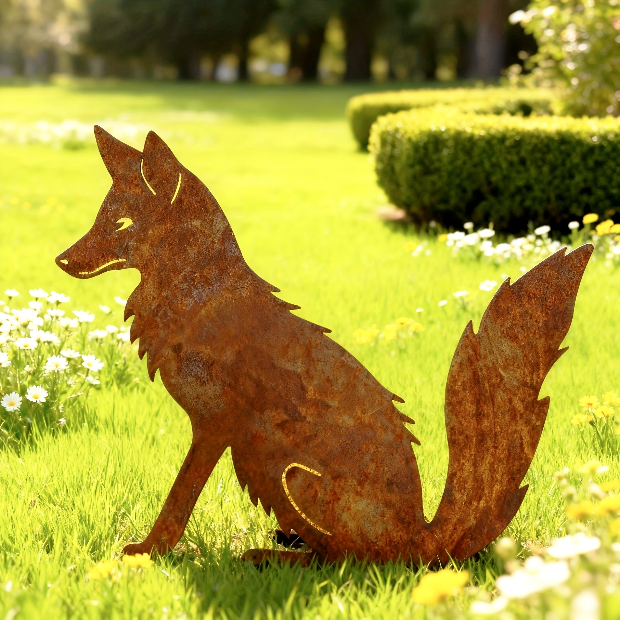 E-shop [2D Flach] Rostiger Metall-Fuchs Gartenstecker, Outdoor-Gartenkunst Skulptur, geeignet für Rasen, Terrasse, Hinterhof-Landschaftsdekoration,