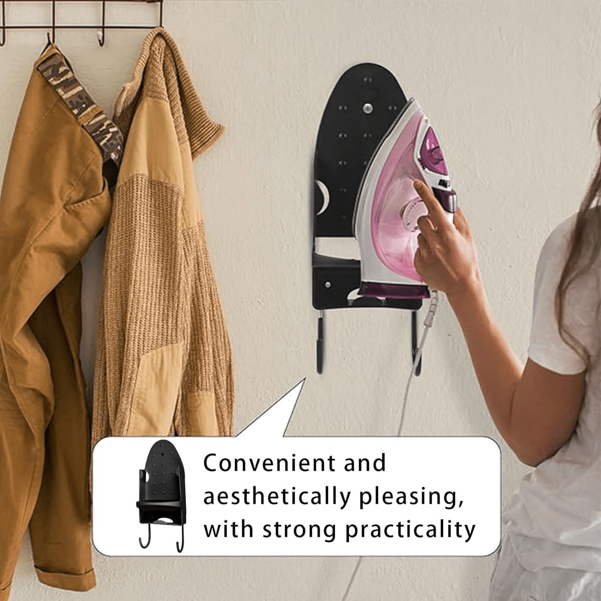 1pc black ironing board hanger wall mounted pbt plastic heat resistant hanging rack with 6 accessories home and bathroom steel hook organizer details 5