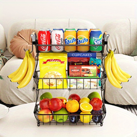 Panier à fruits métallique 3 étages Miyawell avec 2 porte-bananes - Organisateur de cuisine empilable et gain de place, grande capacité en maille aérée pour fruits, légumes et snacks, support de comptoir noir moderne, panier à fruits pour plan de travail, design industriel élégant, poignées en bois, étagères à paniers