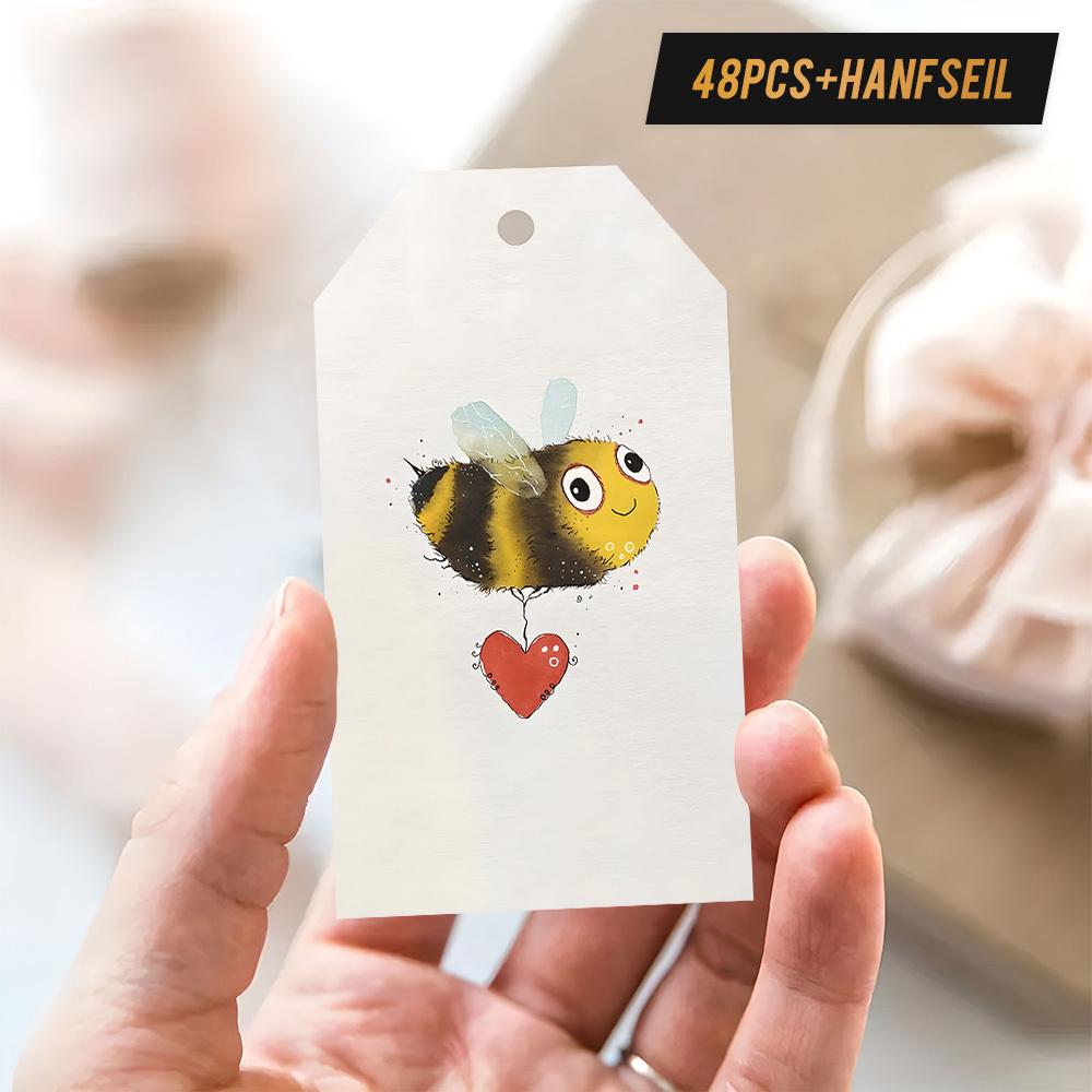 E-shop 48 Geschenkkarten mit Band, Cartoon-Stil mit Bienen- und Herzballon, geeignet für Geburtstage, Reisen, Jubiläen, Geschenkdekoration,