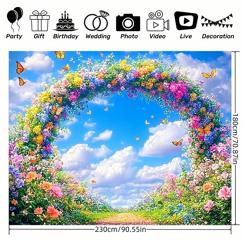 TEMU 2d Flat, Vibrant Floral Arch Photography Backdrop - Large Scene Banner With , Butterflies & , Polyester Fabric For Indoor/outdoor Parties,