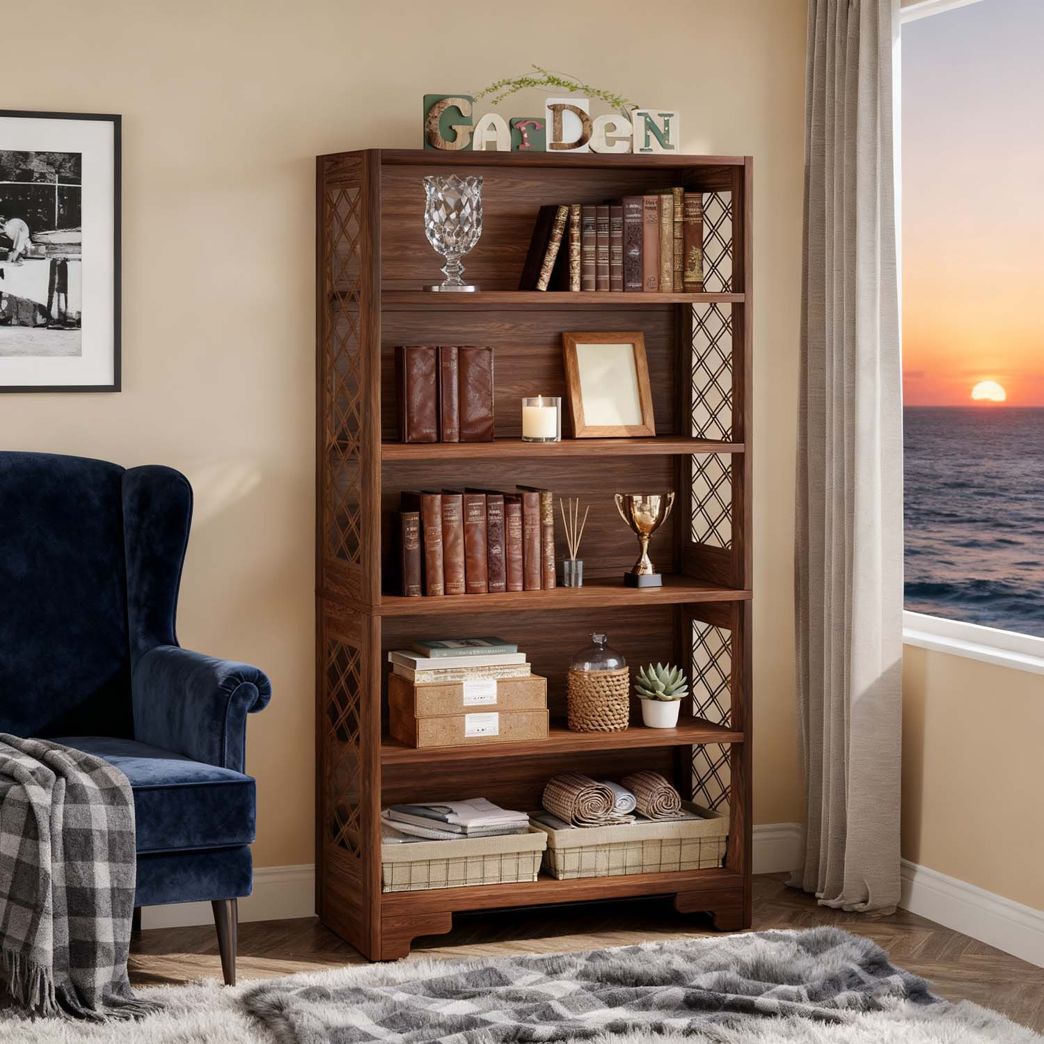 " Tall 6-tier Mid-century Bookcase - Vintage Wooden Shelves For Display And Storage In Living Room, Home Office, And Bedroom - Retro Bookshelf Perfect For Christmas Gifts