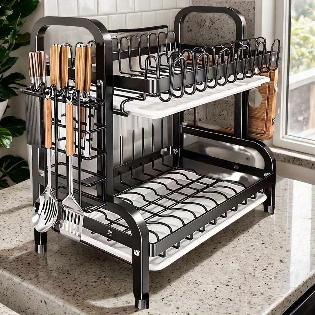 TEMU 2-tier Stainless Steel Kitchen Dish Rack With Cutlery Rack - Space-saving Countertop Organizer For Plates, Bowls, Utensils, And Spoons, Sturdy