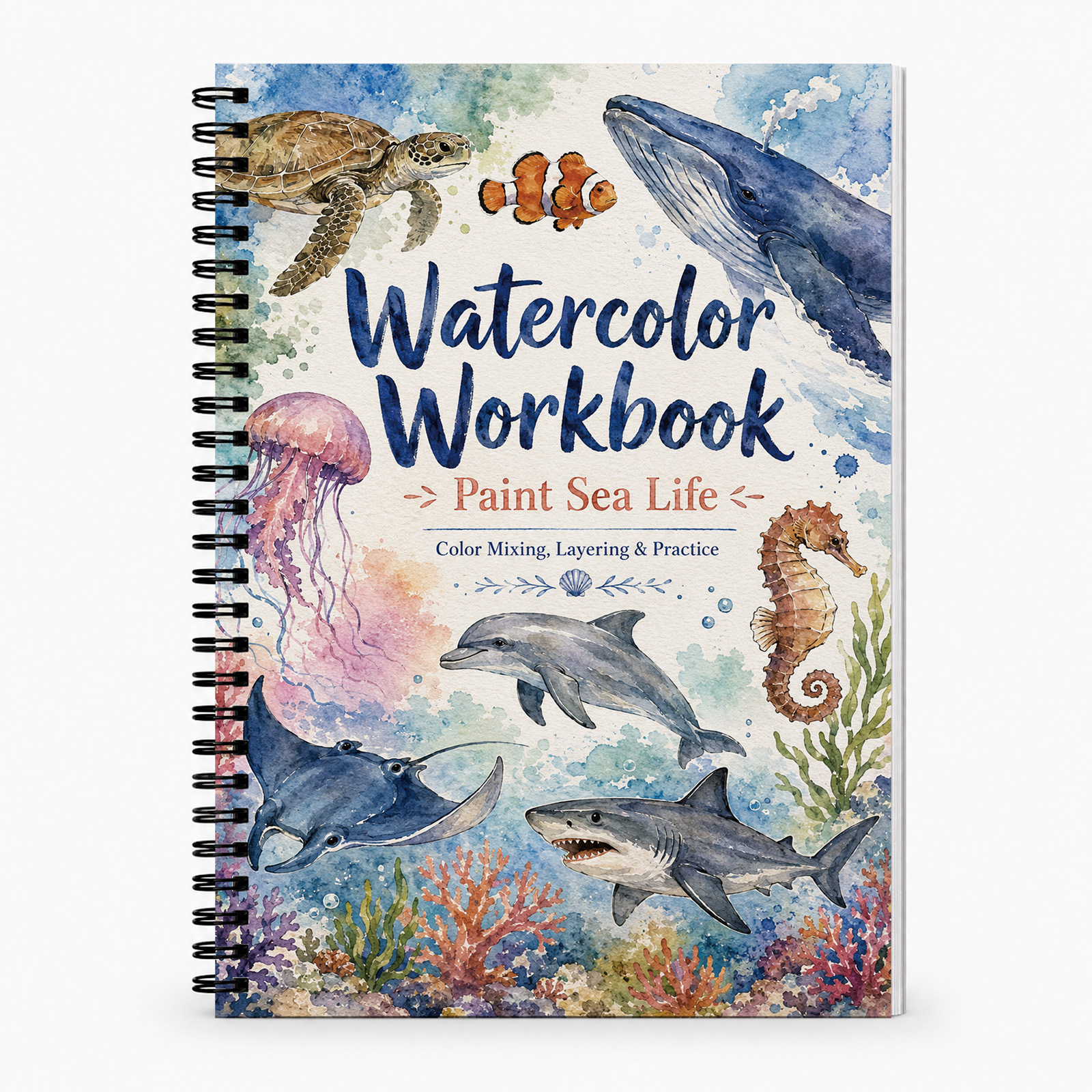 TEMU 1pc Sea Life Watercolor Book With Spiral Binding - A5 Thick Paper Workbook Suitable For Beginners, Layered Painting Guide For, Whales, | Step--