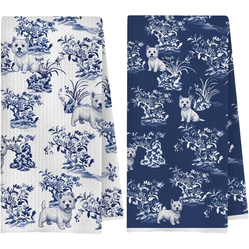 TEMU 2pcs 18X26 Pouces Chinois Chien Serviettes de Cuisine, West Highland Terrier Cadeaux Torchons à Thé, Bleu et Blanc Chien Serviette Décorative