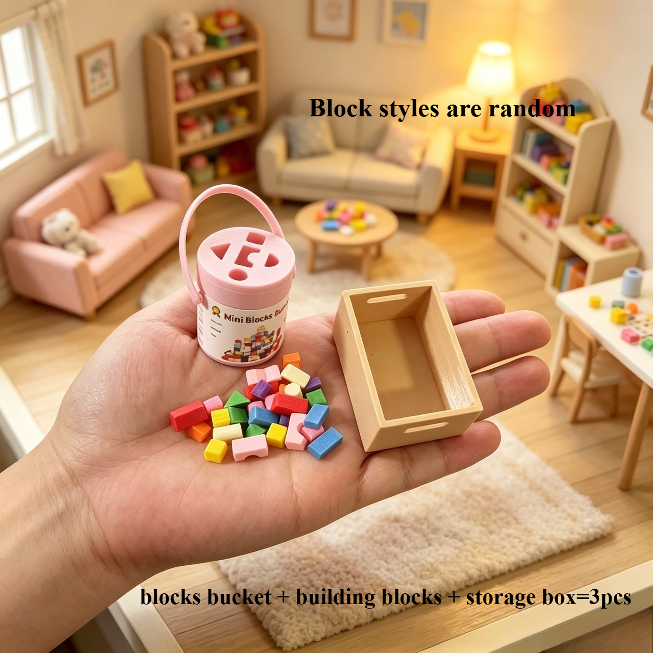 TEMU 3pcs/set 1:12 Scale Dollhouse Miniature Decorative Model (includes 1 Blocks Bucket 1 Storage Box And Assorted Building Blocks) Dollhouse Diorama