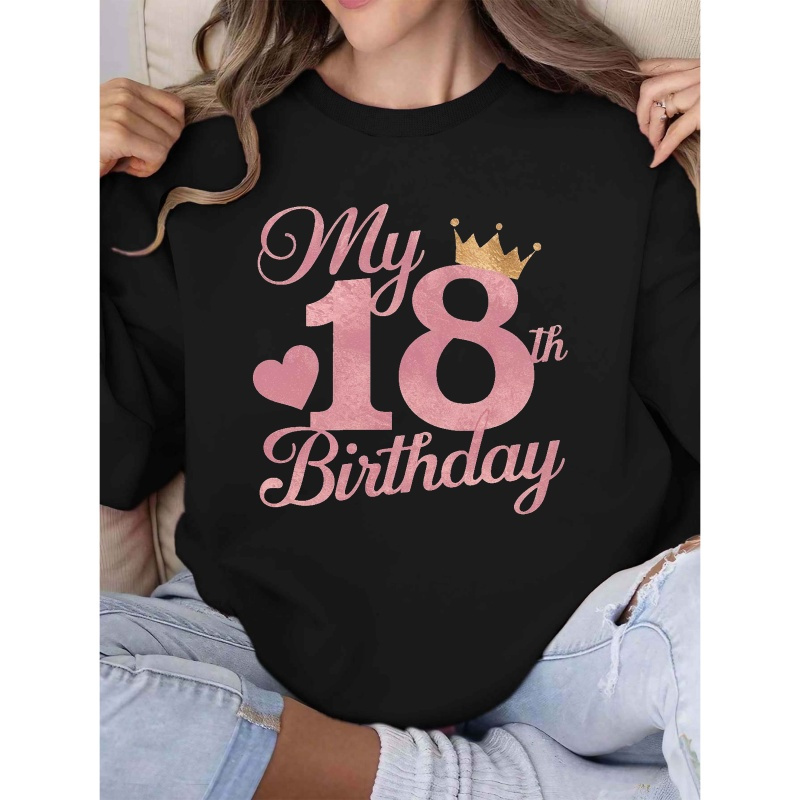 

Chic 'my 18th Birthday' Crown Graphic Sweatshirt - Cozy Gray Crew Neck With Pink Glitter Design, Fall & Spring Celebrations, Women's Casual Wear, Print, Casual Sweatshirt