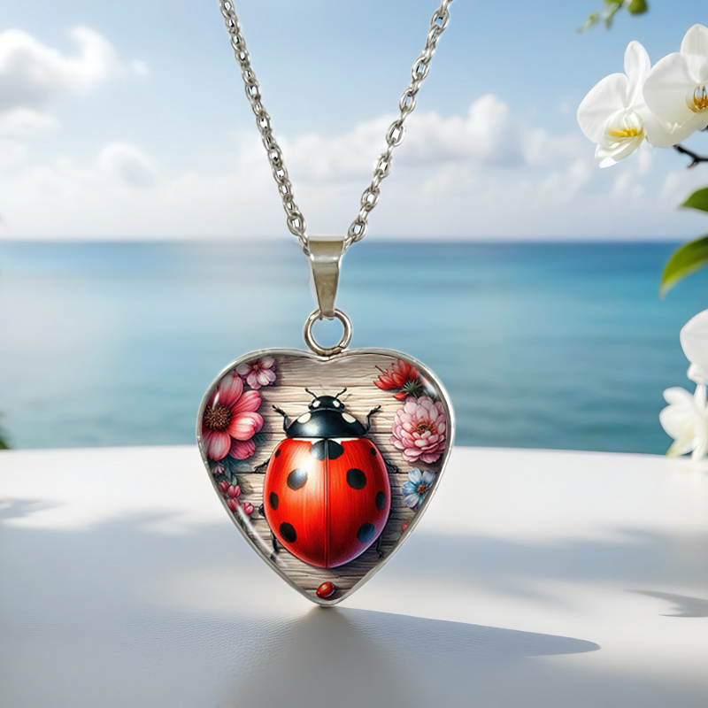 Image of Red Ladybug And Flower Pattern Heart-shaped Stainless Steel Pendant Necklace Fashionable Popular Jewelry Gift