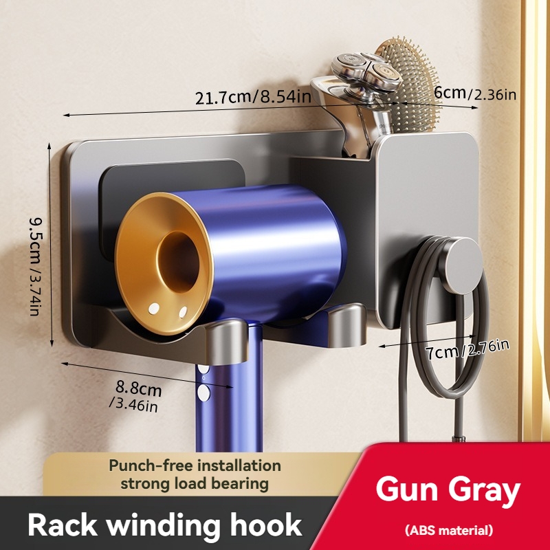 Image of No Drill Hair Dryer Holder With Storage Box & | Strong Adhesive Wall Mount | Fits Dryers & Styling Tools | Abs Bathroom Vanity Organizer | Gray, Bathroom Trays