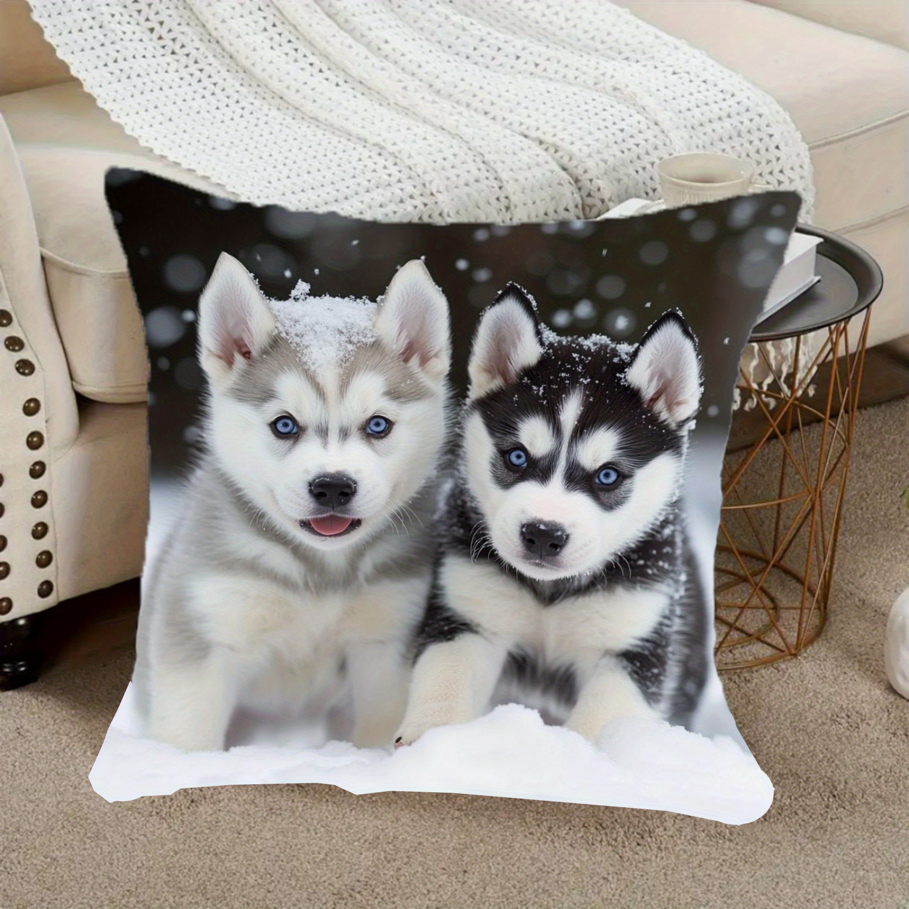 TEMU 1pc Husky Puppies In Snow Pillow Cover - Soft Polyester Short Plush, 17.7x17.7 Inch Square, Zipper Closure & Machine Washable, Contemporary Home