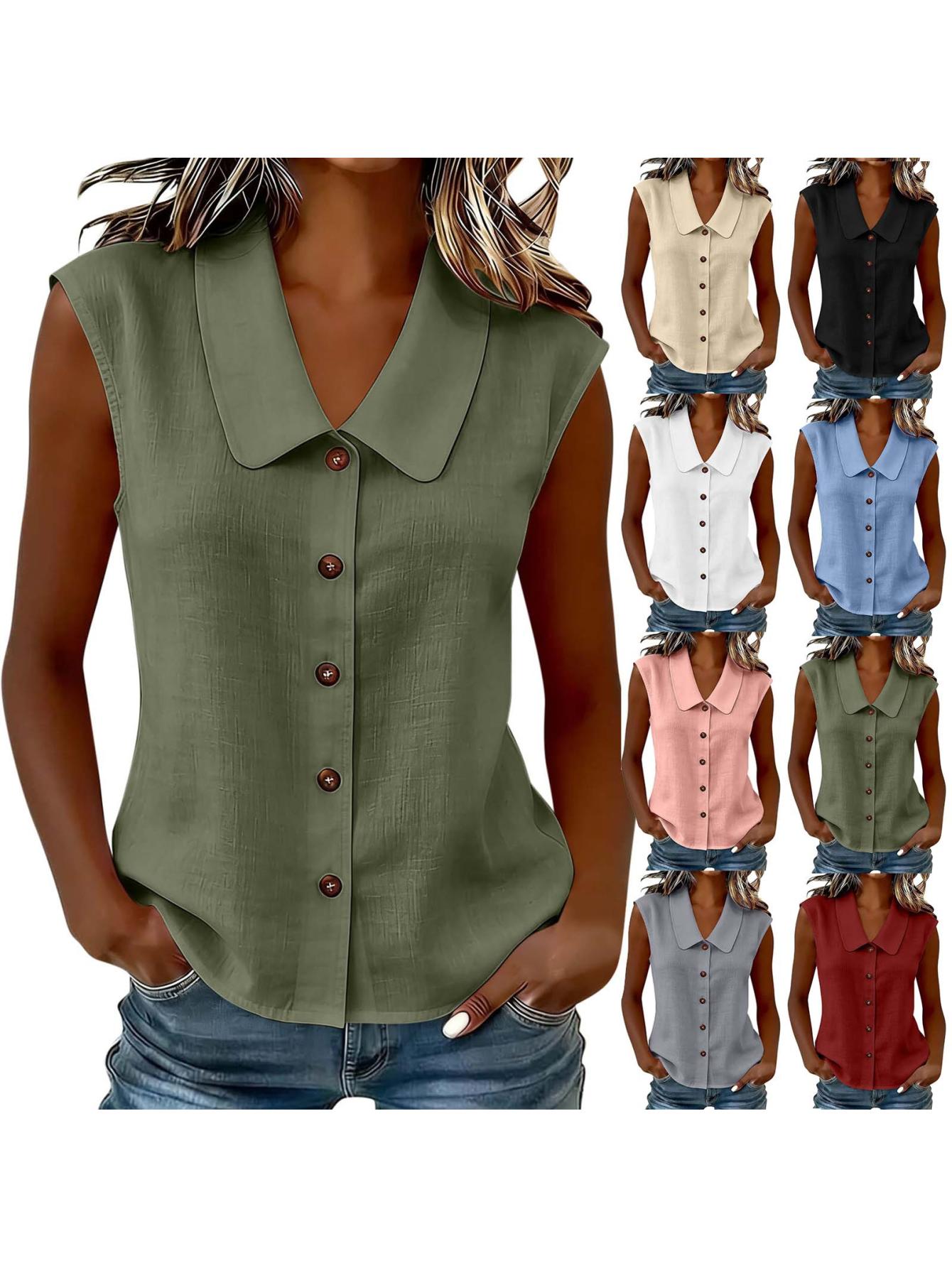 womens sleeveless blouse lapel doll collar knot linen button cardigan top solid color casual shirts black blue green gray khaki pink wine white l xxl xxxl m s xl