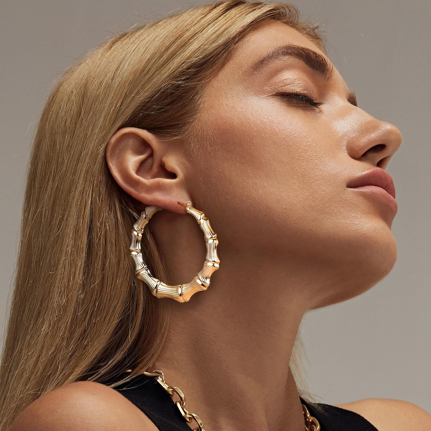4 Pairs Large 18K Gold Plated Bamboo Hoop Earrings Women