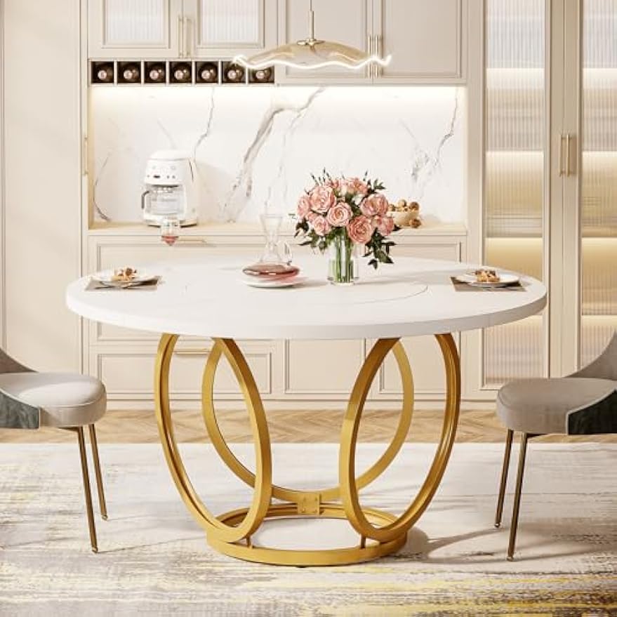 Large Round White Dining , Measuring 47 Inches, Featuring A Golden Metal Base. This Modern Table Serves As A Dining And Coffee Table, Suitable For The Kitchen And Dining Area (in White And Golden)
