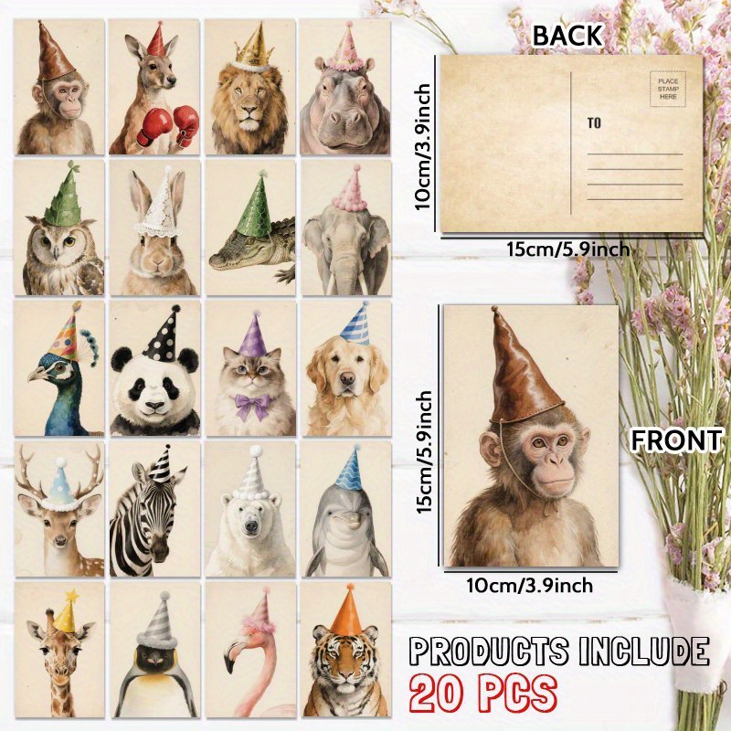 TEMU 20pcs Watercolor Retro Cute Animal Birthday Party Postcards - Unique Everyday Gift For Family & , & Thank You Cards With Cartoon Animal Designs,