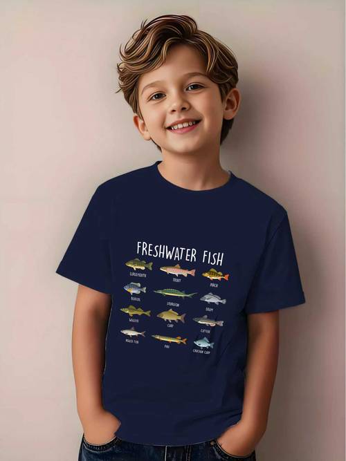 jongens t-shirt met visprint - educatieve aquariumafbeeldingen met , zalm, baars en meerval - zachte zomerse casual ronde hals t-shirt geschikt voor vistochten & biologie leren