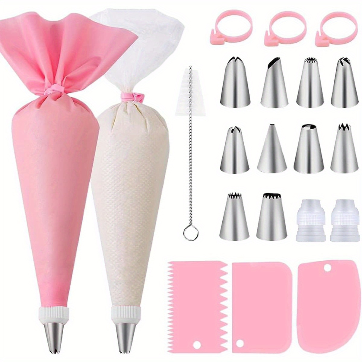 E-shop 40-tlg. Kuchendekorations-Werkzeugset, inklusive 10 Spritztüllen, 3 Kupplungen, 1 wiederverwendbare Spritzbeutel-Tasche, 20 Spritzbeutel,