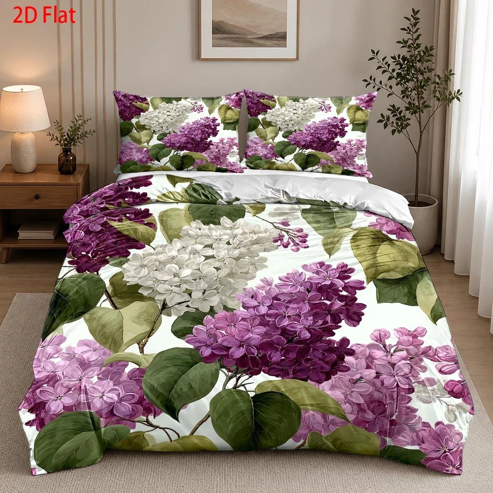TEMU 3pcs Duvet Cover Set, 1 Duvet Cover   2 Pillowcases, No Filling, Purple Lilac Flower Theme, Hand-painted Style, Valentine's Day, Romantic, Queen