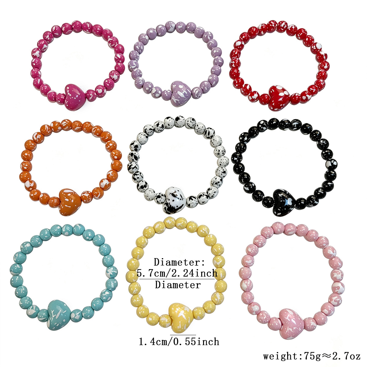 9pc Creative Retro Polka Dot Heart Elastic Bracelet Set