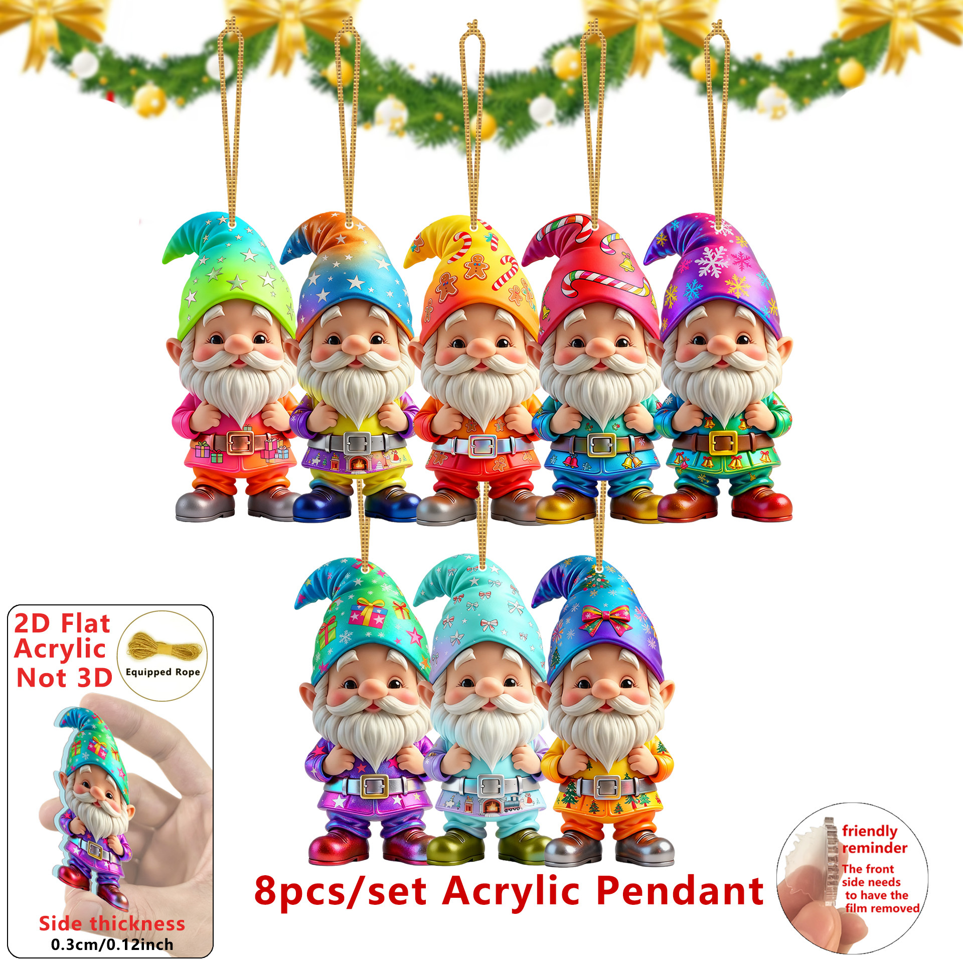 TEMU 2D Plat, Ensemble de 8 Pendentifs Nains Mignons 2D Plat - Ornements d'Arbre de Noël Colorés avec Yeux Vifs, Décorations de Fêtes en Acrylique