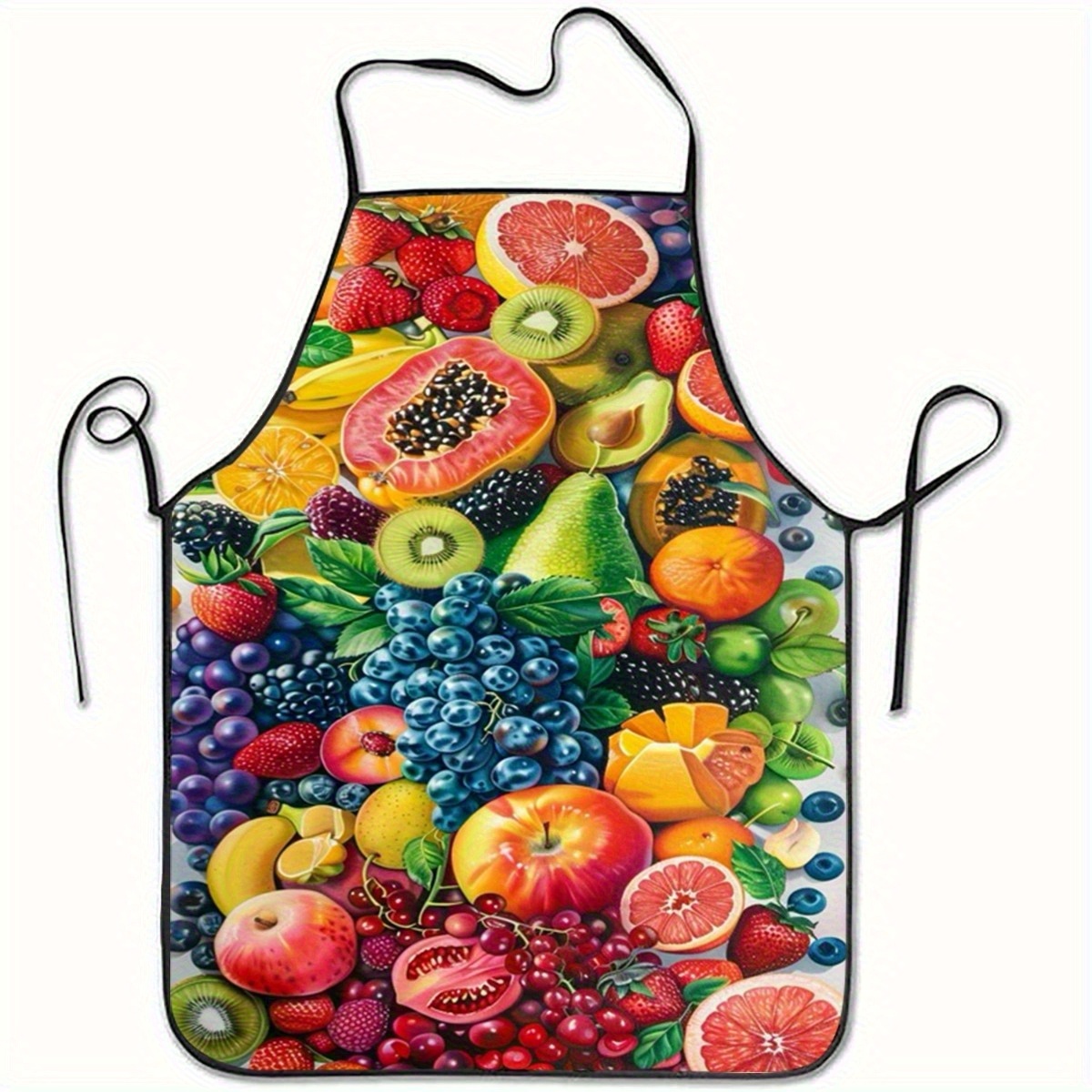 TEMU 1pc Vibrant Fruit Print Apron - Kitchen Apron With Strawberries, Grapes, , Kiwi, Lemon, Grapefruit - Sturdy Polyester Cooking Baking Apron For