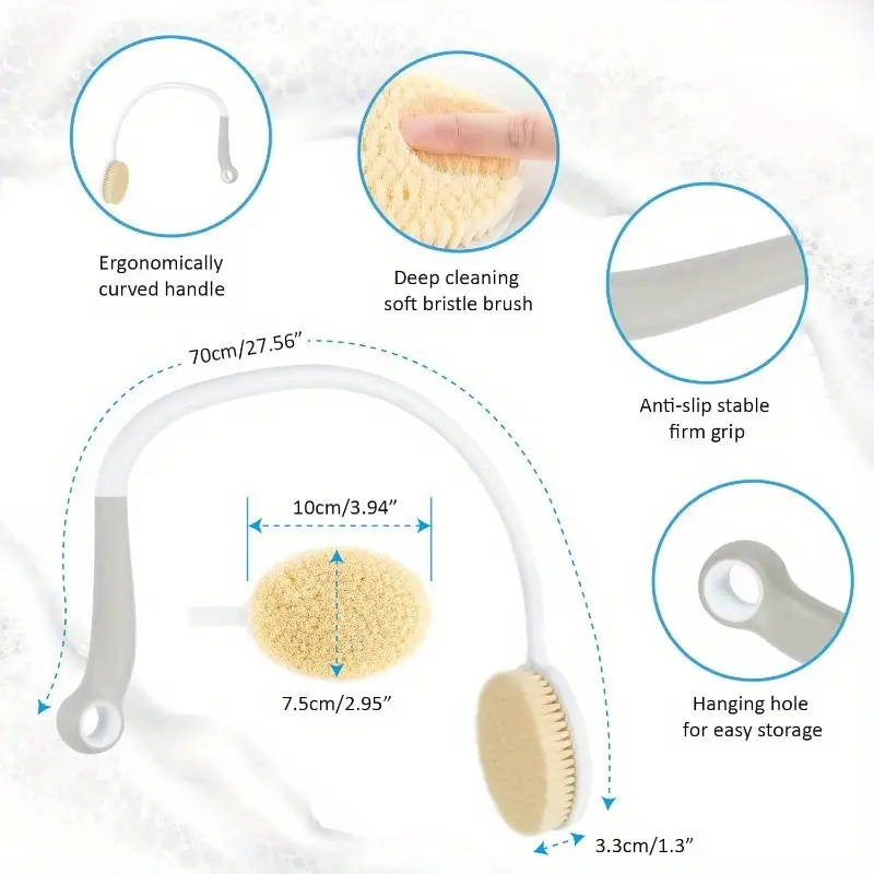 2pcs back shower brush set including 1 long handle u shaped brush 1 straight handle brush ergonomic anti slip handle suitable for daily home bathing Product details 4