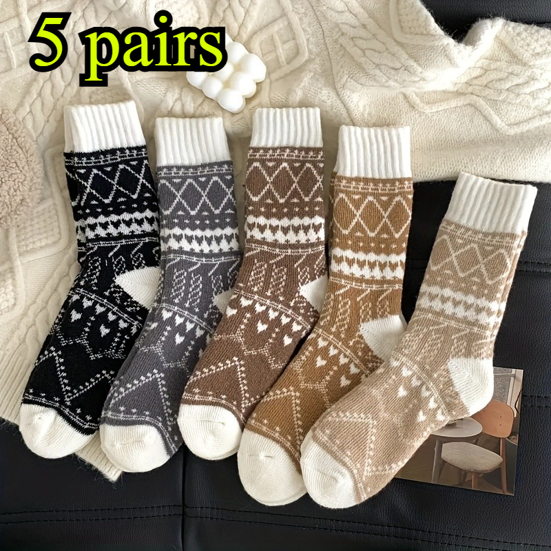 TEMU 5 Paires de Chaussettes d'Hiver Chaudes pour Femmes, Couleurs Assorties - Chaussettes Chaudes à Motif Diamant Ethnique, Adaptées aux Climatiques