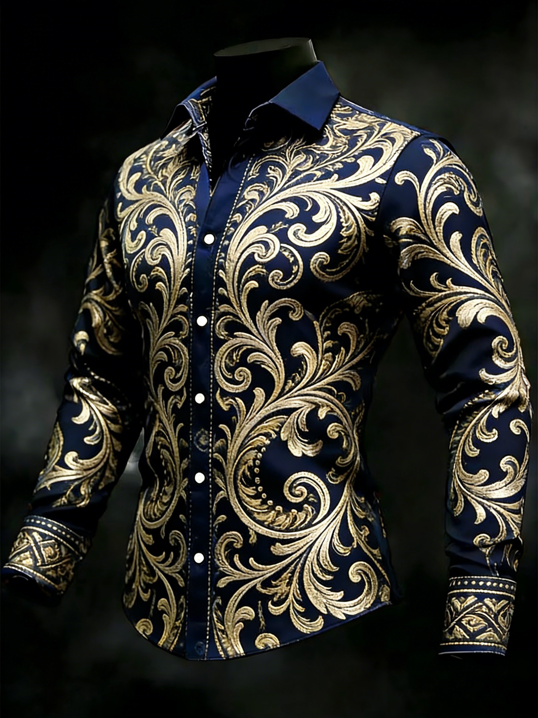 alex evenings petite dresses Mens Silk Shirts Long Sleeve Silk Baroque Pattern Dress Shirt Black / L