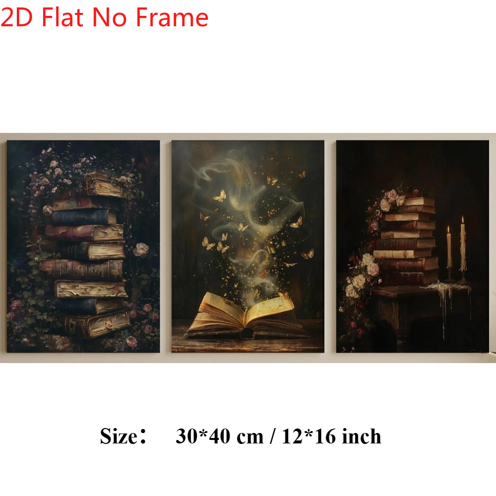 TEMU 2d Flat, 2d Flat, 3pcs Frameless 2dflat Emotional Victorian Book Art Decorative Canvas Paintings, Gothic Style Wall Art Decor, Suitable For